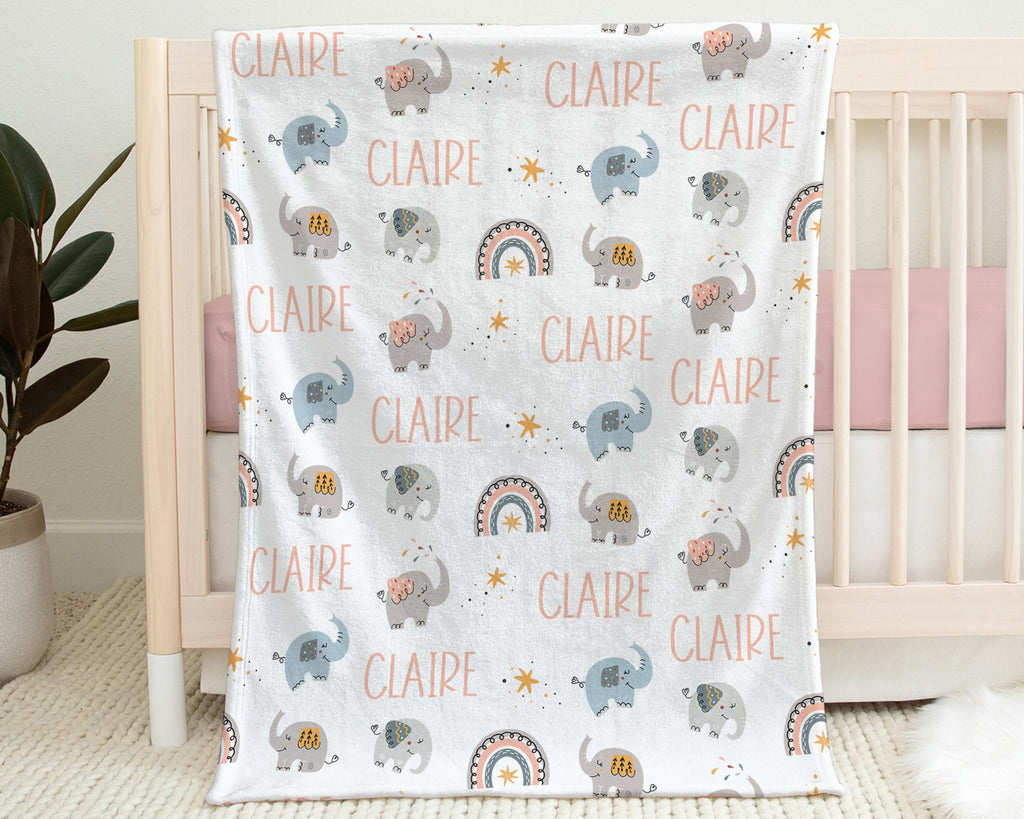 Elephant baby blanket, personalized boho rainbow elephant name blanket, rainbow elephant baby gift, newborn baby girl elephant swaddle