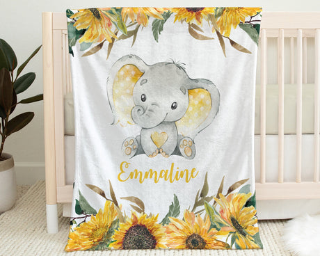 Elephant sunflowers baby blanket, sunflower personalized baby gift, blanket with elephants and name, girl swaddle blanket, flowers elephant
