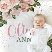 Rose personalized baby girl blanket, newborn name blanket with flowers, rose floral baby gift, floral baby girl pink swaddle (CHOOSE COLORS)