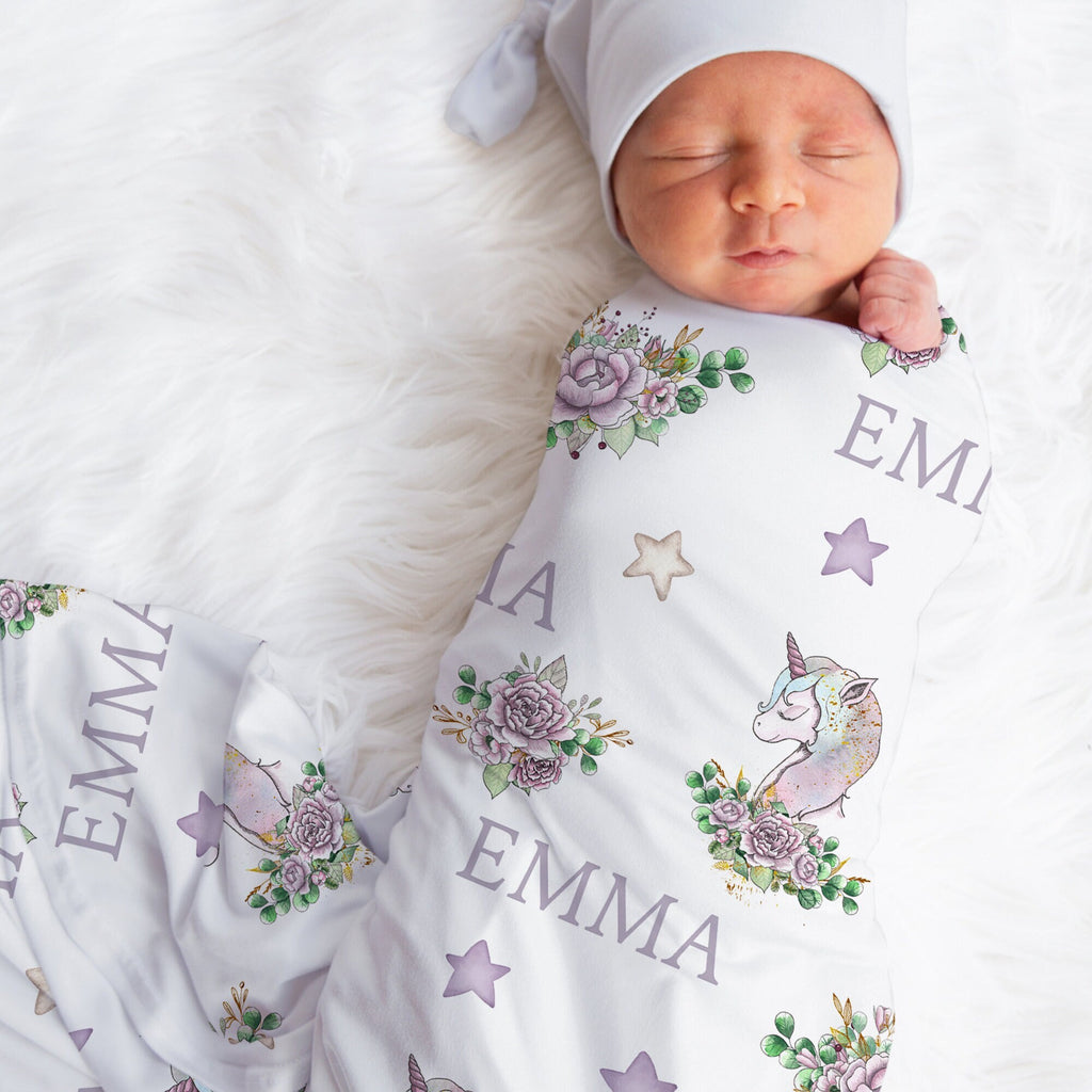 Unicorn Purple Floral Swaddle Blanket - Jersey