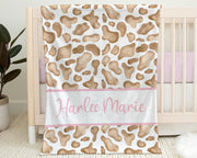 Cow pattern baby name blanket, pretty brown cow baby blanket with pink name, personalized girl floral farm gift, toddler, big kid size