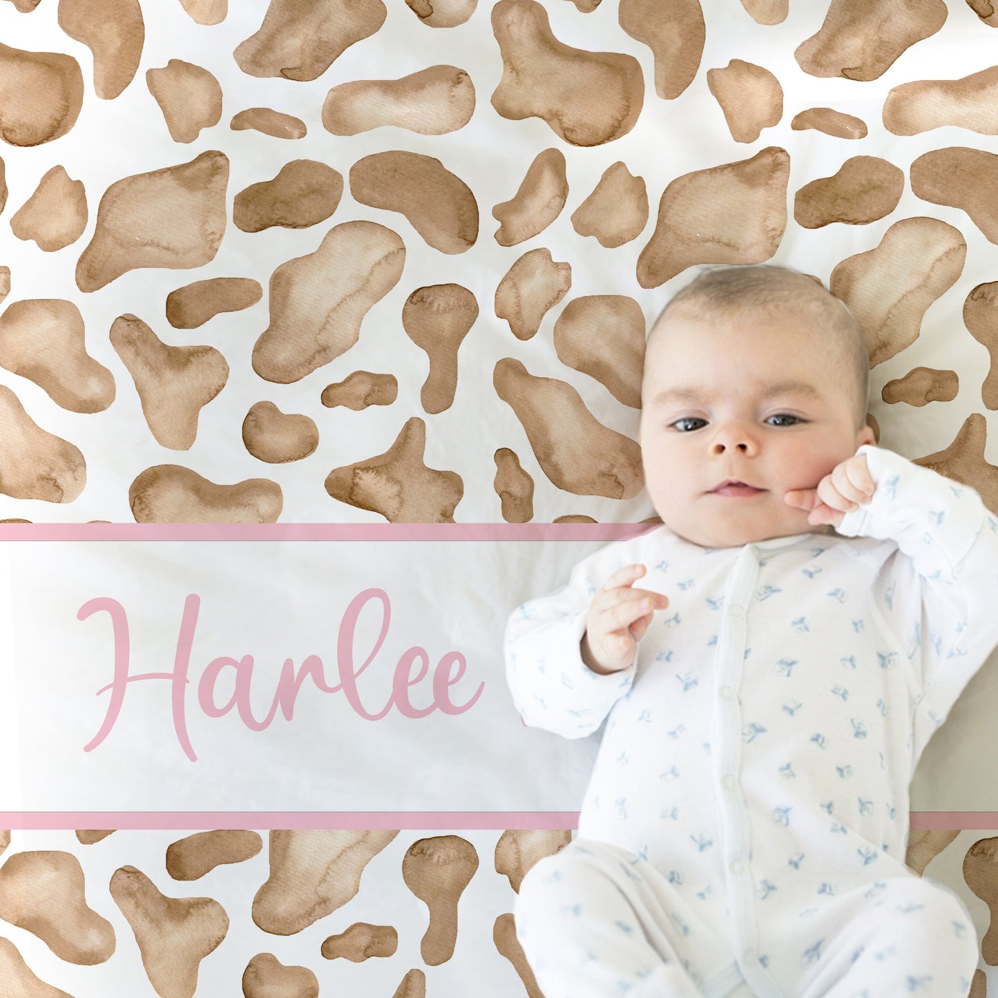 Cow pattern baby name blanket, pretty brown cow baby blanket with pink name, personalized girl floral farm gift, toddler, big kid size
