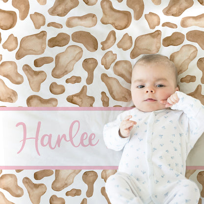 Cow pattern baby name blanket, pretty brown cow baby blanket with pink name, personalized girl floral farm gift, toddler, big kid size