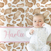 Cow pattern baby name blanket, pretty brown cow baby blanket with pink name, personalized girl floral farm gift, toddler, big kid size