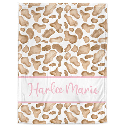 Cow pattern baby name blanket, pretty brown cow baby blanket with pink name, personalized girl floral farm gift, toddler, big kid size