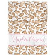 Cow pattern baby name blanket, pretty brown cow baby blanket with pink name, personalized girl floral farm gift, toddler, big kid size