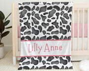 Cow pattern baby name blanket, pretty black cow baby blanket with pink name, personalized girl floral farm gift, toddler, big kid size