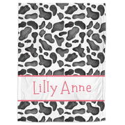Cow pattern baby name blanket, pretty black cow baby blanket with pink name, personalized girl floral farm gift, toddler, big kid size