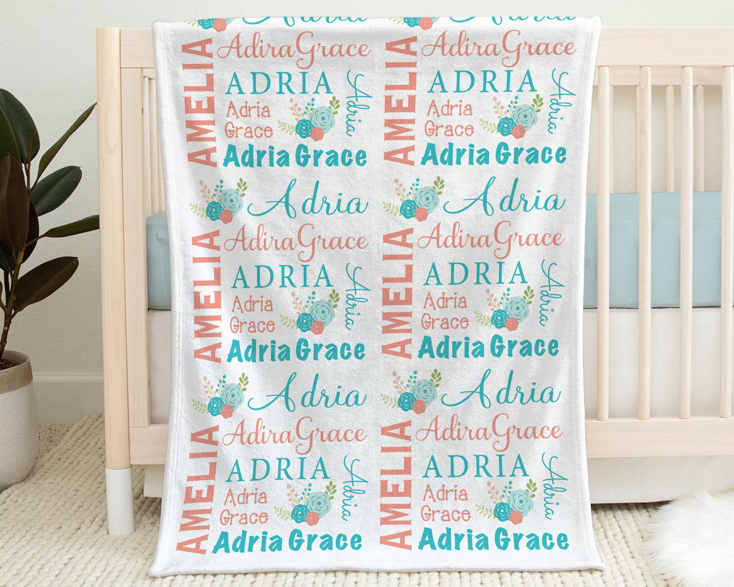 Coral floral baby blanket, newborn personalized girl name blanket with flowers, floral baby gift, newborn coral and aqua swaddle blanket
