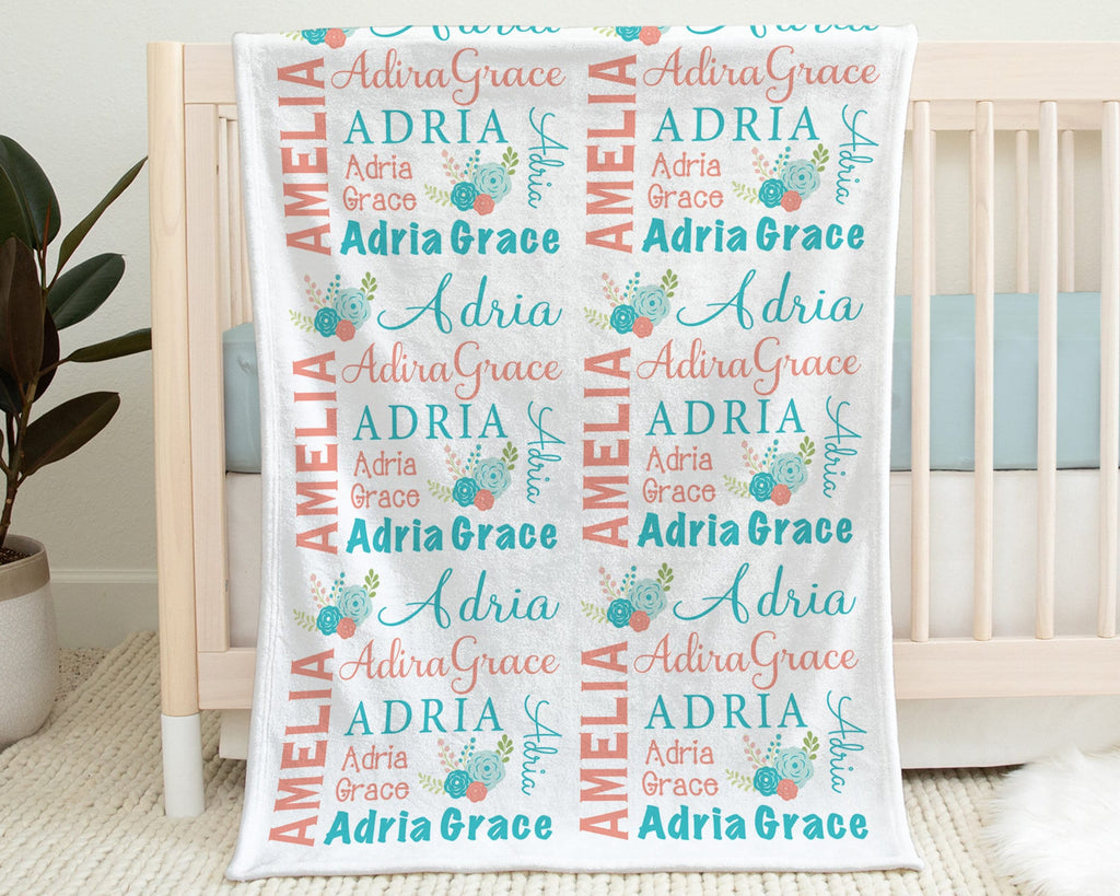 Coral floral baby blanket, newborn personalized girl name blanket with flowers, floral baby gift, newborn coral and aqua swaddle blanket