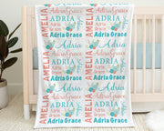 Coral floral baby blanket, newborn personalized girl name blanket with flowers, floral baby gift, newborn coral and aqua swaddle blanket