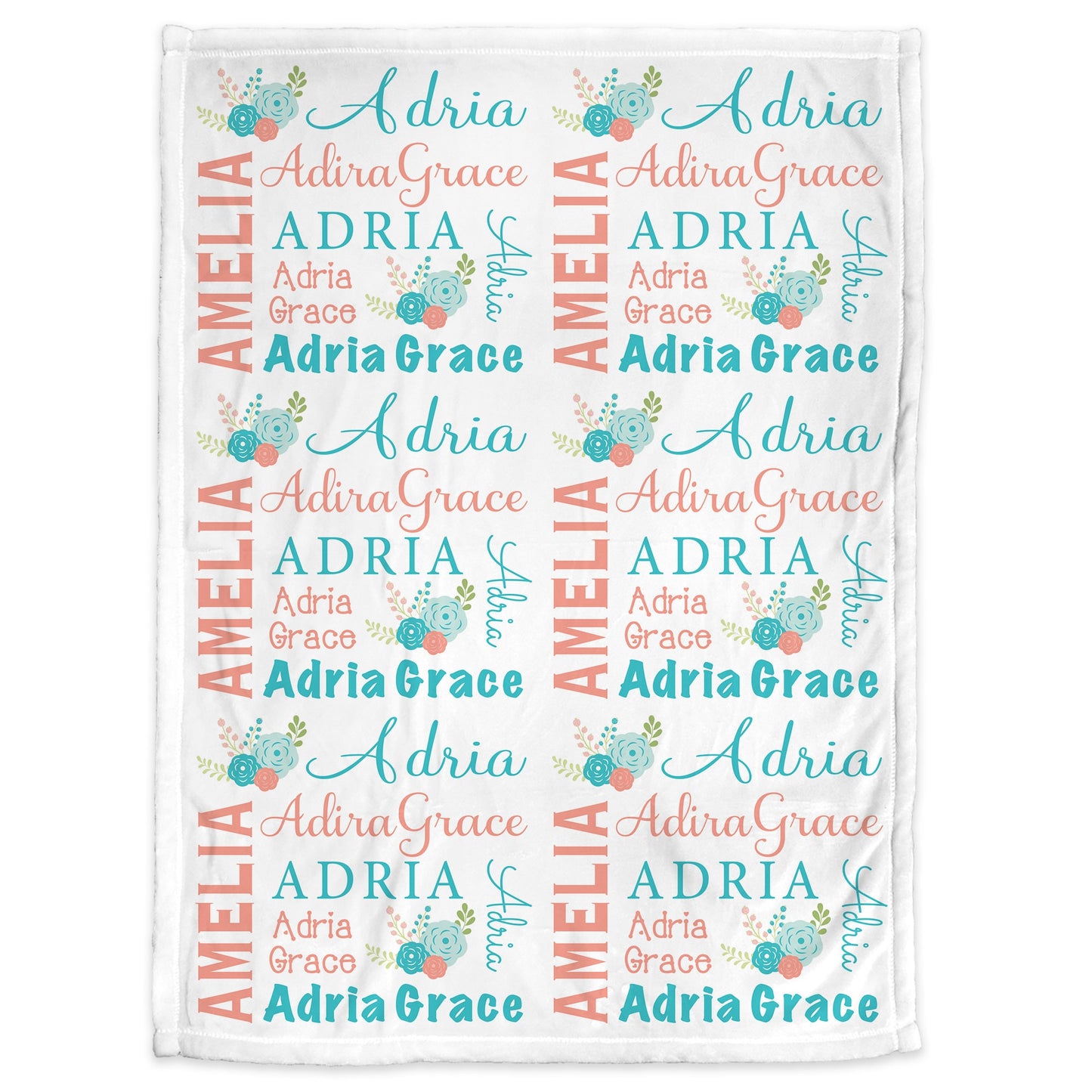 Coral floral baby blanket, newborn personalized girl name blanket with flowers, floral baby gift, newborn coral and aqua swaddle blanket