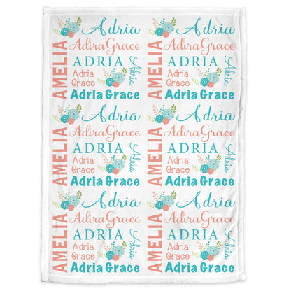 Coral floral baby blanket, newborn personalized girl name blanket with flowers, floral baby gift, newborn coral and aqua swaddle blanket