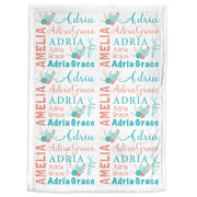 Coral floral baby blanket, newborn personalized girl name blanket with flowers, floral baby gift, newborn coral and aqua swaddle blanket