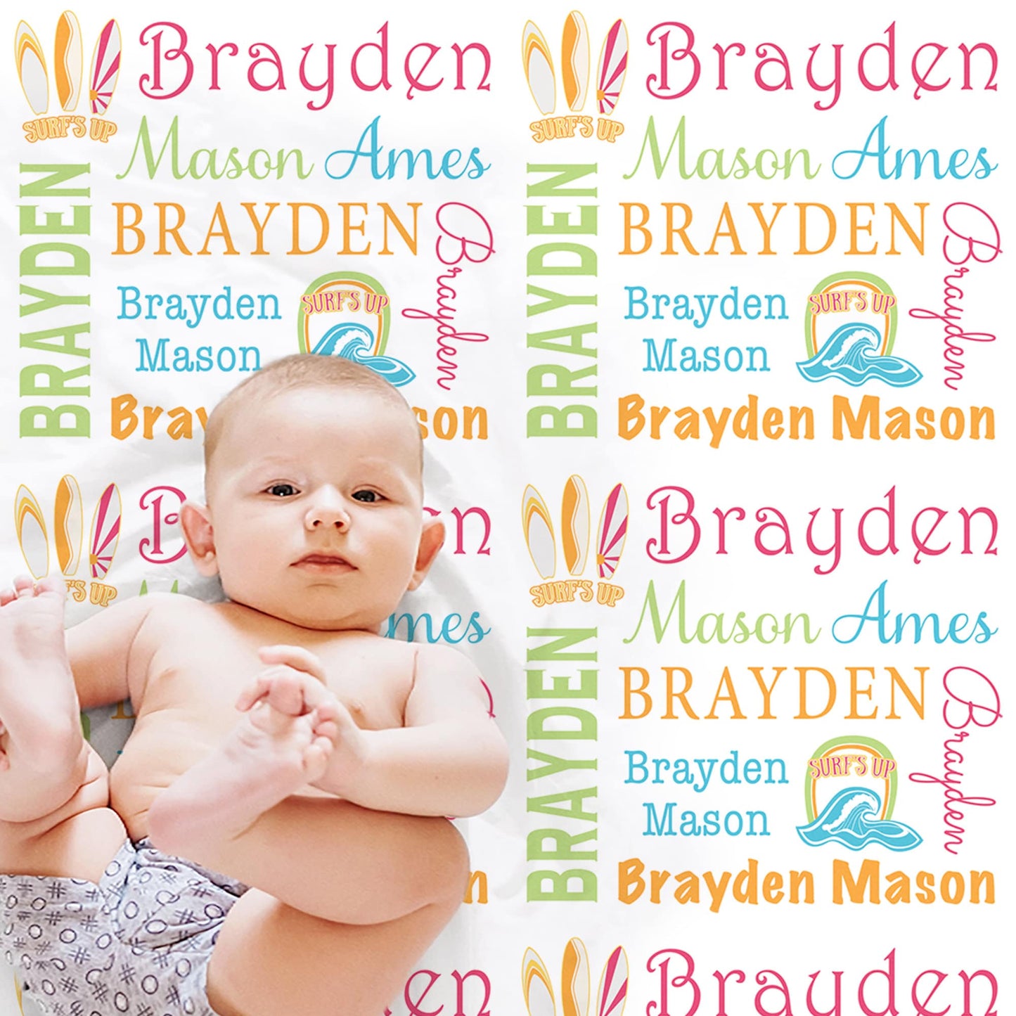 Newborn surfboard baby blanket, surfing wave name blanket, personalized newborn beach wave baby gift, bright summer surf wave swaddle
