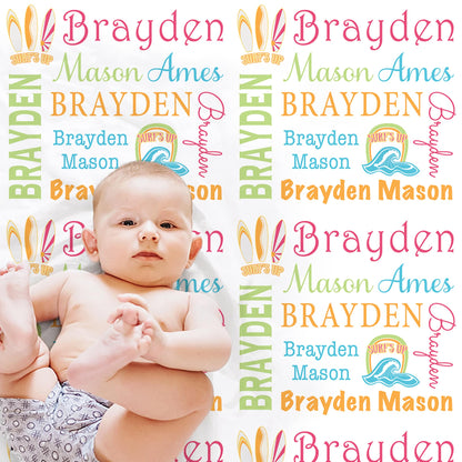 Newborn surfboard baby blanket, surfing wave name blanket, personalized newborn beach wave baby gift, bright summer surf wave swaddle