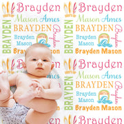 Newborn surfboard baby blanket, surfing wave name blanket, personalized newborn beach wave baby gift, bright summer surf wave swaddle