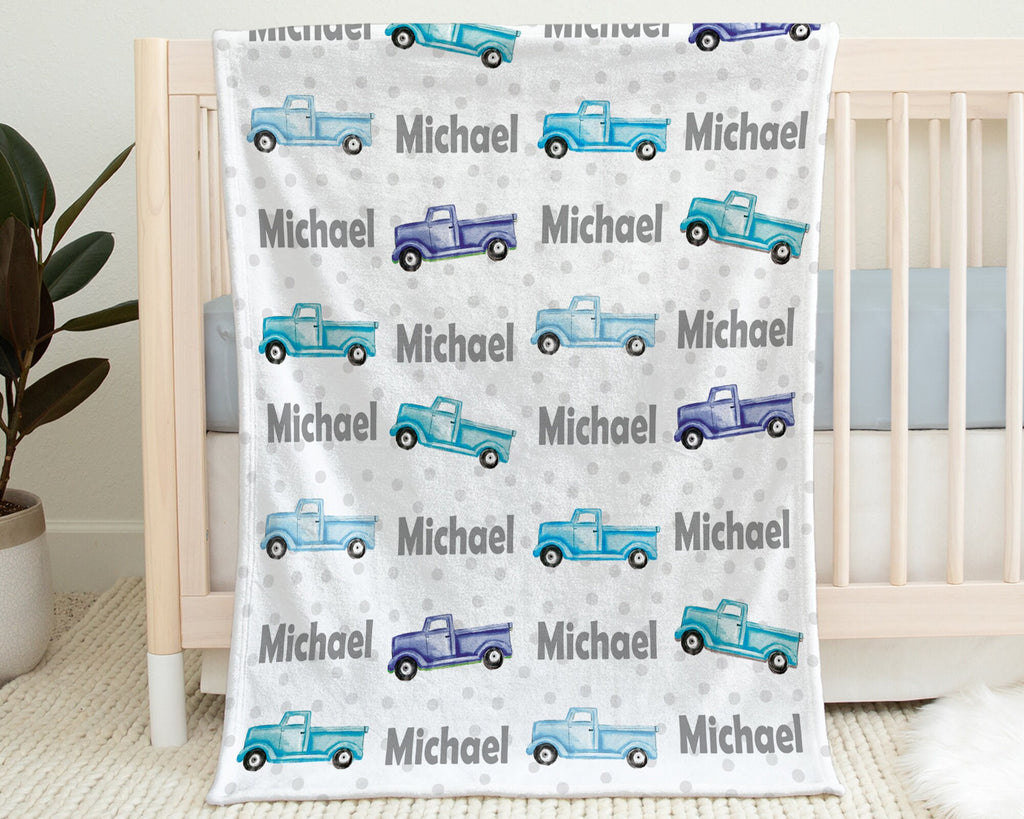 Oldies truck personalized baby blanket, newborn vintage truck blanket, baby boy trucks with name, personalized newborn baby vintage car gift