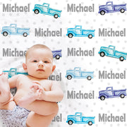 Oldies truck personalized baby blanket, newborn vintage truck blanket, baby boy trucks with name, personalized newborn baby vintage car gift