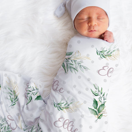 Greenery Personalized Swaddle Blanket for Baby Girl