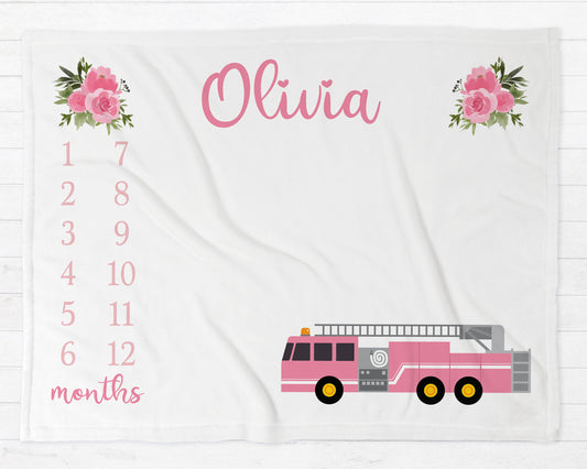 Firetruck Flowers Milestone Blanket
