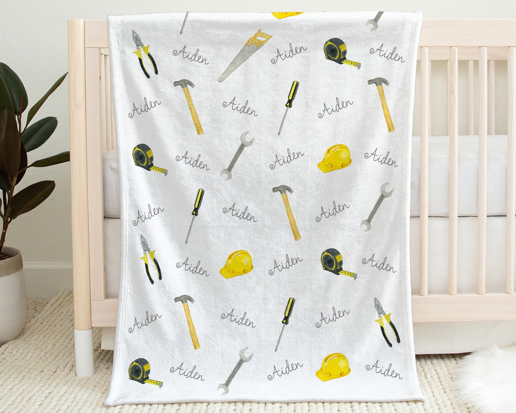 Construction tools baby name blanket, work tools personalized gift for boy, newborn handyman swaddle blanket, boy or girls construction gift