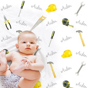 Construction tools baby name blanket, work tools personalized gift for boy, newborn handyman swaddle blanket, boy or girls construction gift