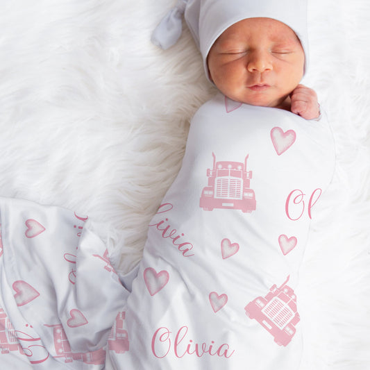 Pink Semi Truck Baby Girl Blanket in pink 