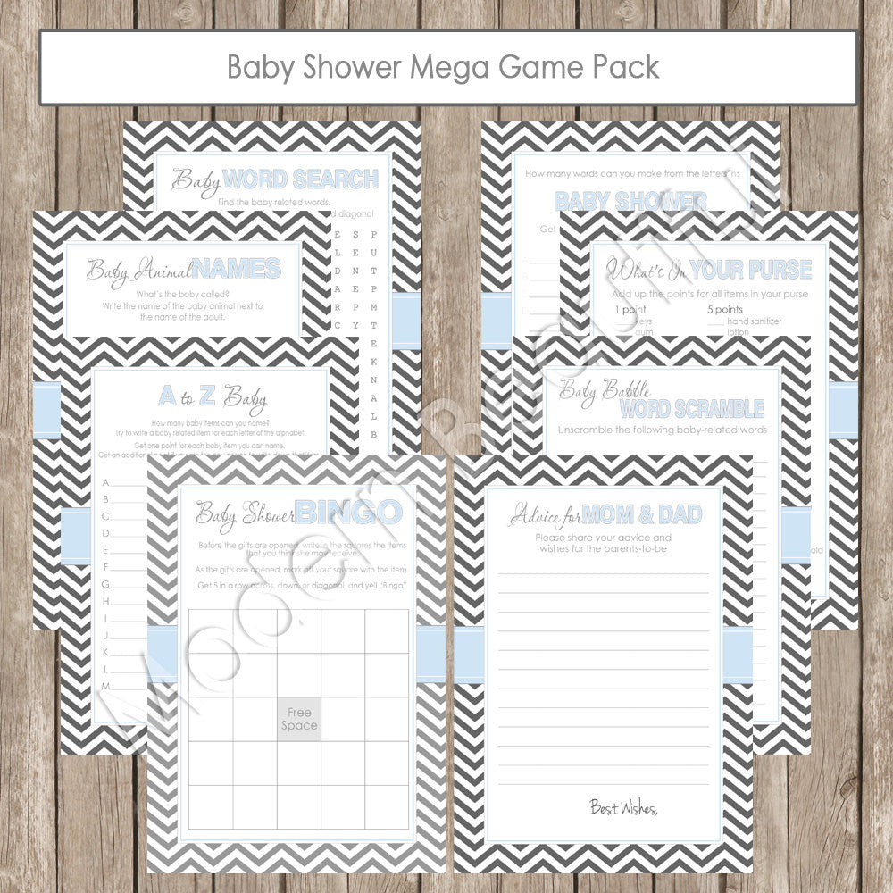 Baby Shower Game Pack - Shower Games Pack in Chevron, baby blue, blue and grey, gray  advice, a to z baby, baby babble -  INSTANT DOWNLOAD