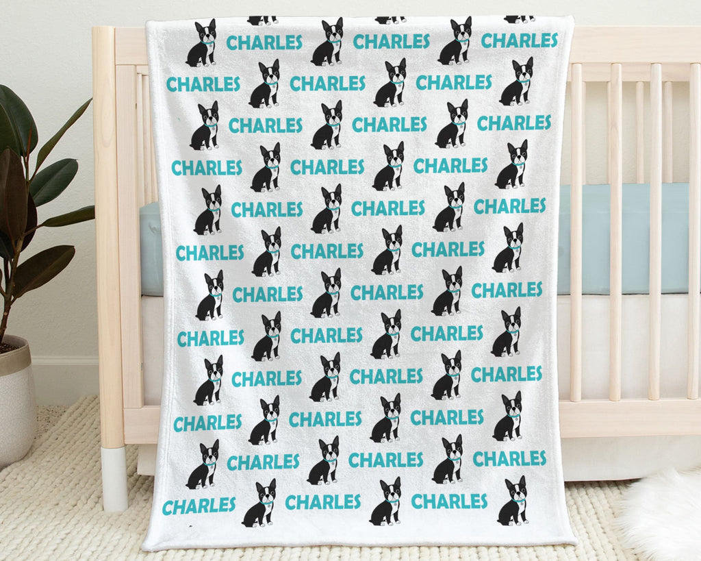 Baby boy boston terrier name blanket, puppy boys blanket, personalized terrier baby gift, newborn Boston terrier swaddle blanket, black blue