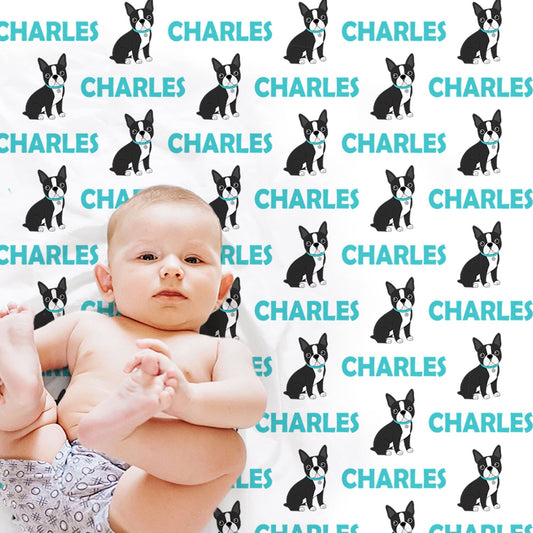 Baby boy boston terrier name blanket, puppy boys blanket, personalized terrier baby gift, newborn Boston terrier swaddle blanket, black blue