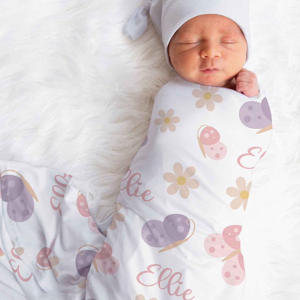 Boho butterfly jersey swaddle blanket, personalized baby girls newborn name blanket with butterflies and flowers, butterfly baby girl gift