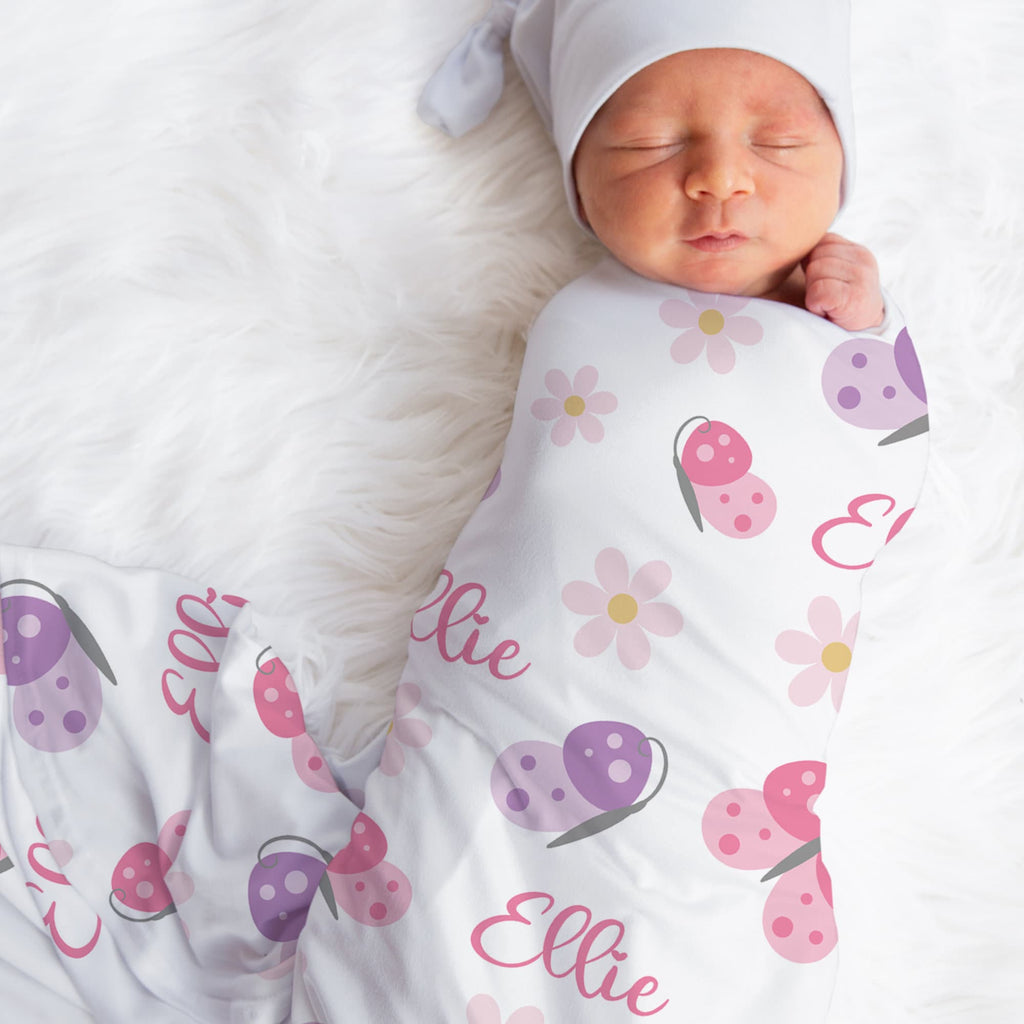 Pink butterfly jersey swaddle blanket, personalized baby girls newborn name blanket with butterflies and flowers, butterfly baby girl gift