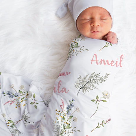 Personalized wildflowers baby girl blanket, floral jersey swaddle blanket, newborn boho wildflower baby name gift, flower jersey swaddle