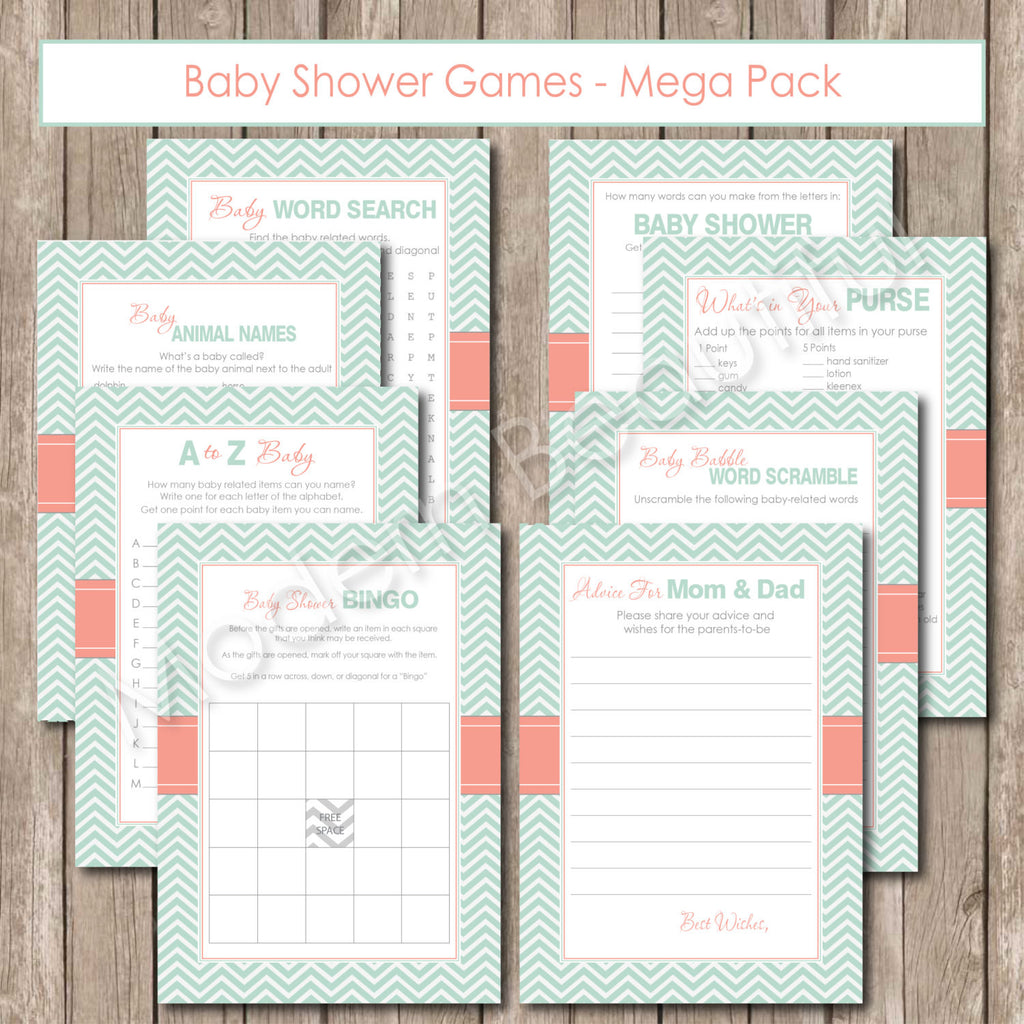 Baby Shower Game Pack - Shower Games with Chevron baby shower games, mint, coral, printable, digital file INSTANT DOWNLOAD