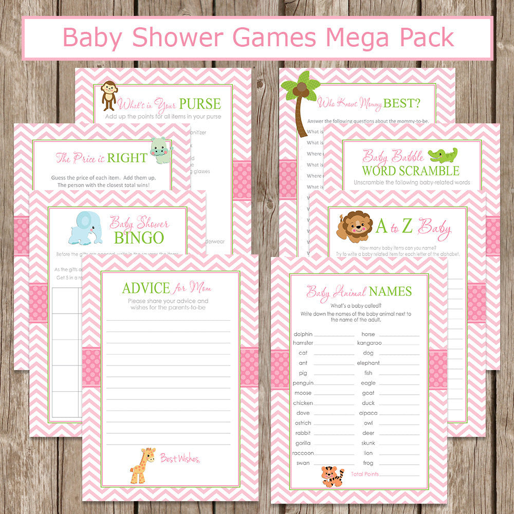 Safari Baby Shower Game Pack in Pink with Safari Animals, Pink Baby Shower Activity Set, Bingo, Baby Animal Names and more INSTANT