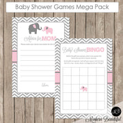 Elephant Baby Shower Game Pack in Pink and Gray, Baby Shower Activity Set, Bingo, Baby Animal Names, Price is Right pe1  INSTANT