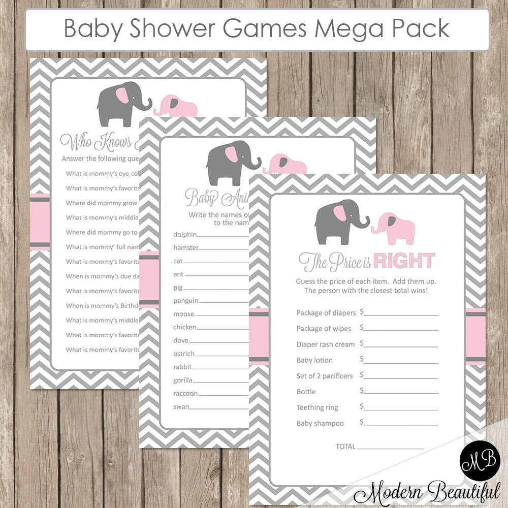 Elephant Baby Shower Game Pack Pink
