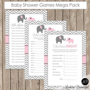 Elephant Baby Shower Game Pack in Pink and Gray, Baby Shower Activity Set, Bingo, Baby Animal Names, Price is Right pe1  INSTANT