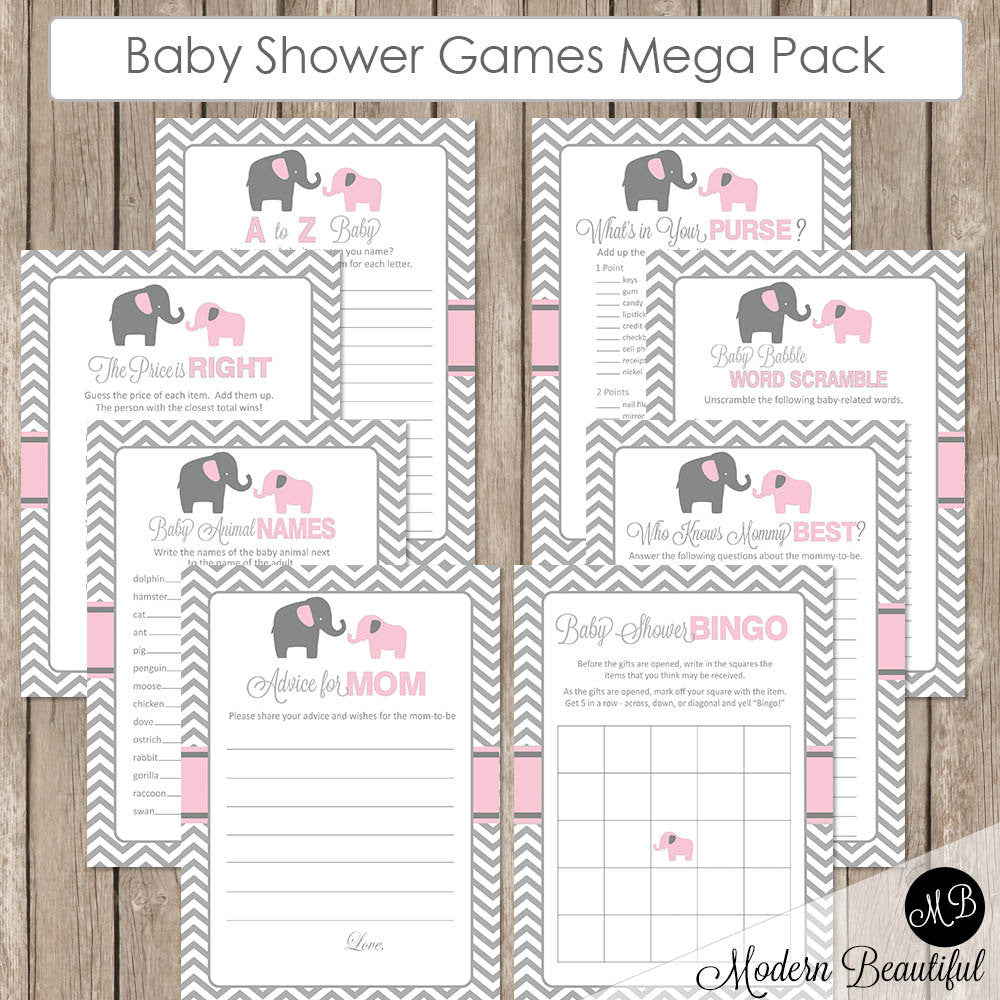 Elephant Baby Shower Game Pack in Pink and Gray, Baby Shower Activity Set, Bingo, Baby Animal Names, Price is Right pe1  INSTANT