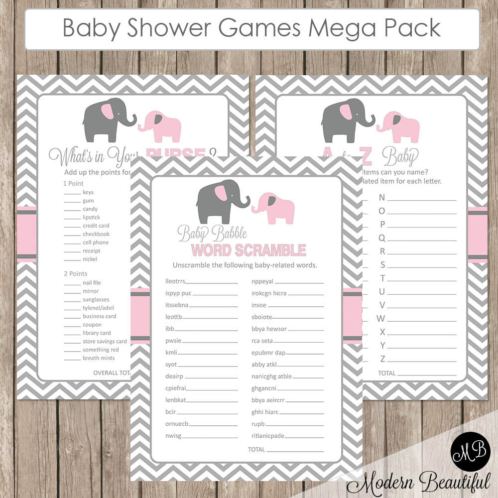Elephant Baby Shower Game Pack Pink
