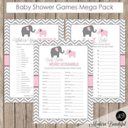 Elephant Baby Shower Game Pack in Pink and Gray, Baby Shower Activity Set, Bingo, Baby Animal Names, Price is Right pe1  INSTANT