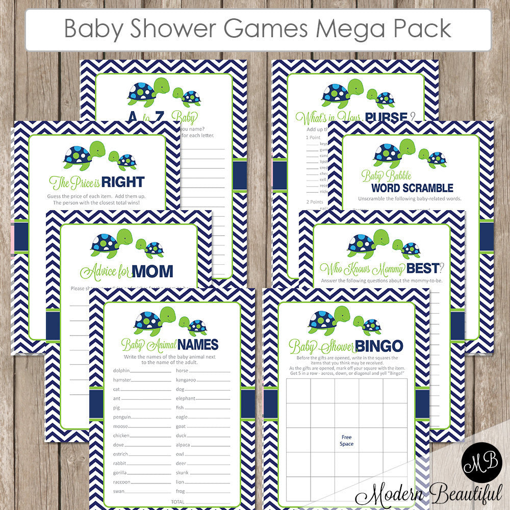 Sea turtle Baby Shower Game Pack - Lime and Navy, Baby Shower Activity Set, Shower Games Bingo, Price is Right and more INSTANT st1