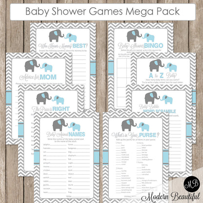 Elephant Baby Shower Game Pack Blue