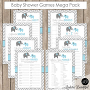 Elephant Baby Shower Games in Baby Blue and Gray, Baby Shower Activity Set Games, Bingo, Baby Animal Names, Price is Right  bge1 INSTANT