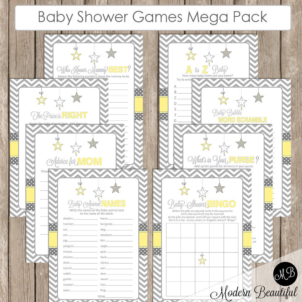 Baby Shower Game Pack - Yellow and Gray, Twinkle Little Star, Baby Shower Activity Set, Bingo, A to Z Baby, Price is Right  Star-Y