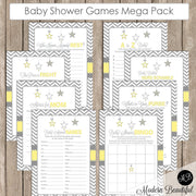 Baby Shower Game Pack - Yellow and Gray, Twinkle Little Star, Baby Shower Activity Set, Bingo, A to Z Baby, Price is Right  Star-Y