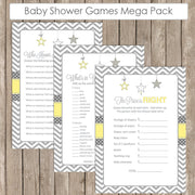 Baby Shower Game Pack - Yellow and Gray, Twinkle Little Star, Baby Shower Activity Set, Bingo, A to Z Baby, Price is Right  Star-Y