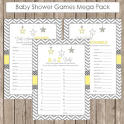 Baby Shower Game Pack - Yellow and Gray, Twinkle Little Star, Baby Shower Activity Set, Bingo, A to Z Baby, Price is Right  Star-Y