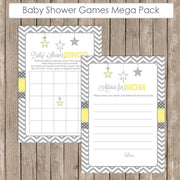 Baby Shower Game Pack - Yellow and Gray, Twinkle Little Star, Baby Shower Activity Set, Bingo, A to Z Baby, Price is Right  Star-Y